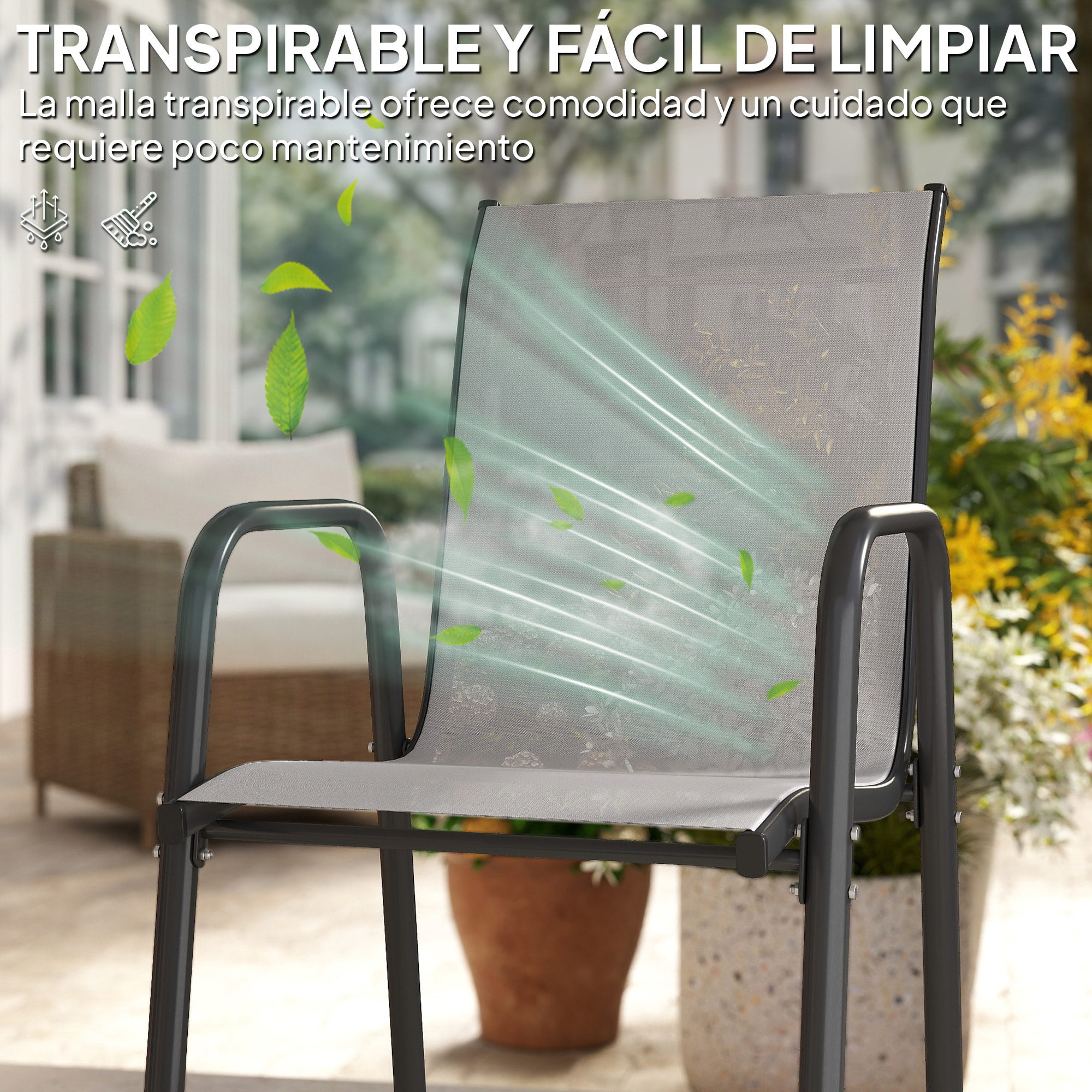 Juego de 6 Sillas de Jardín Exterior Apilables, Sillas Terraza Exterior con Reposabrazos, Asiento y Respaldo de Malla Transpirable, Estructura Metálica Resistente, 51x69x87 cm, Gris Claro