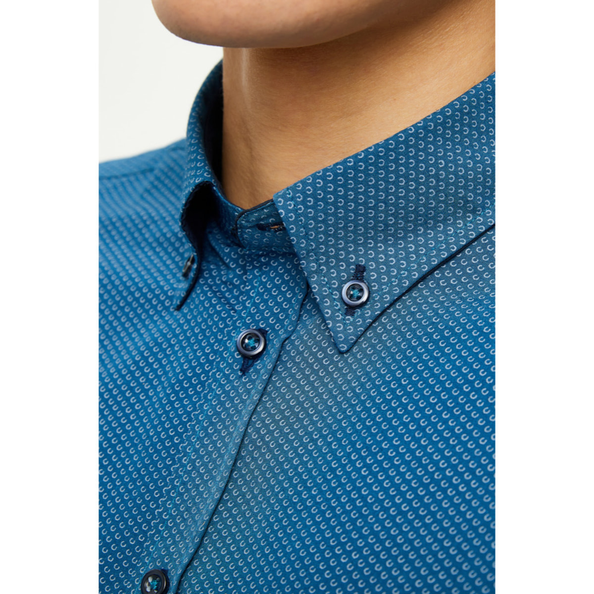Camicia Uomo 1 Bottone Button Down Slim Cotone Poliestere Stampato Petrolio e Blu Scuro