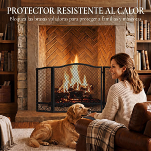 Salvachispas para Chimenea Plegable de 3 Paneles con Diseño Floral, Protector de Chimenea de Metal, Resistente al Calor, para Hogar, 107x60 cm, Negro