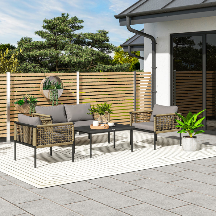 Conjunto de Jardín Exterior de Ratán Sintético de 4 Piezas Muebles de Jardín Exterior Incluye 1 Sofá Doble 2 Sillones y Mesa de Centro con Cojines Natural y Gris