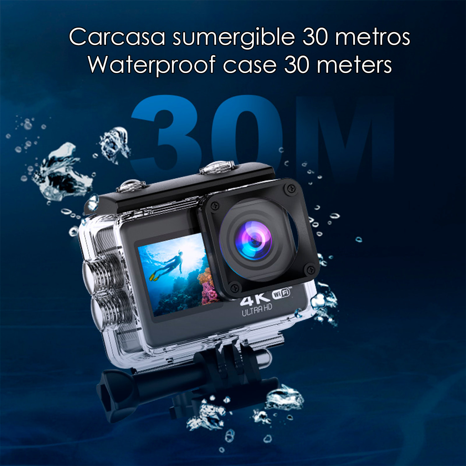Cámara Deportiva AT-S60 TR 4k 60fps con 24 mpx, doble pantalla de 2" y 1.3" estabilizador de imagen, multitud de accesorios y WIFI.