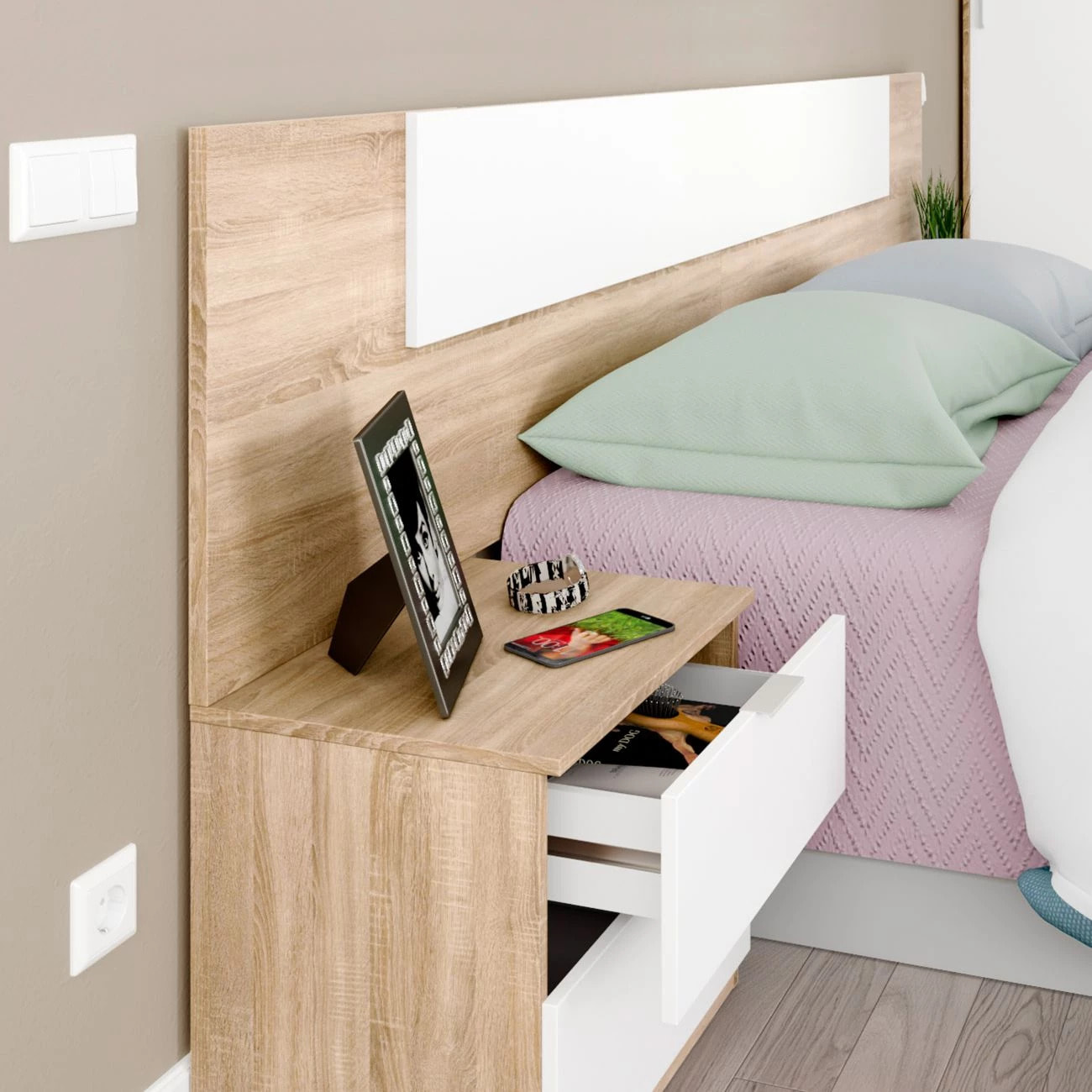 Cabecero para cama de 135-150 cm y 2 mesitas con cajones en blanco artik y roble canadian Luca Blanco Artik (Blanco Mate) - Roble Canadian