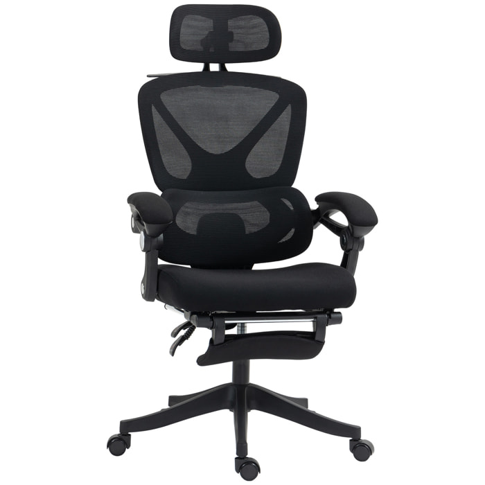 Silla de Escritorio de Malla Silla de Oficina Reclinable con Reposacabezas Soporte Lumbar Reposapiés y Altura Regulable Función de Basculante Carga 135 kg Negro