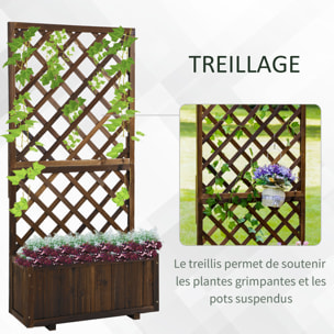 Jardinière avec treillis - bac à fleurs - jardinière sur pied - dim. 72,5L x 31,5l x 149,5H cm inserts d'irrigation inclus bois sapin traité carbonisation