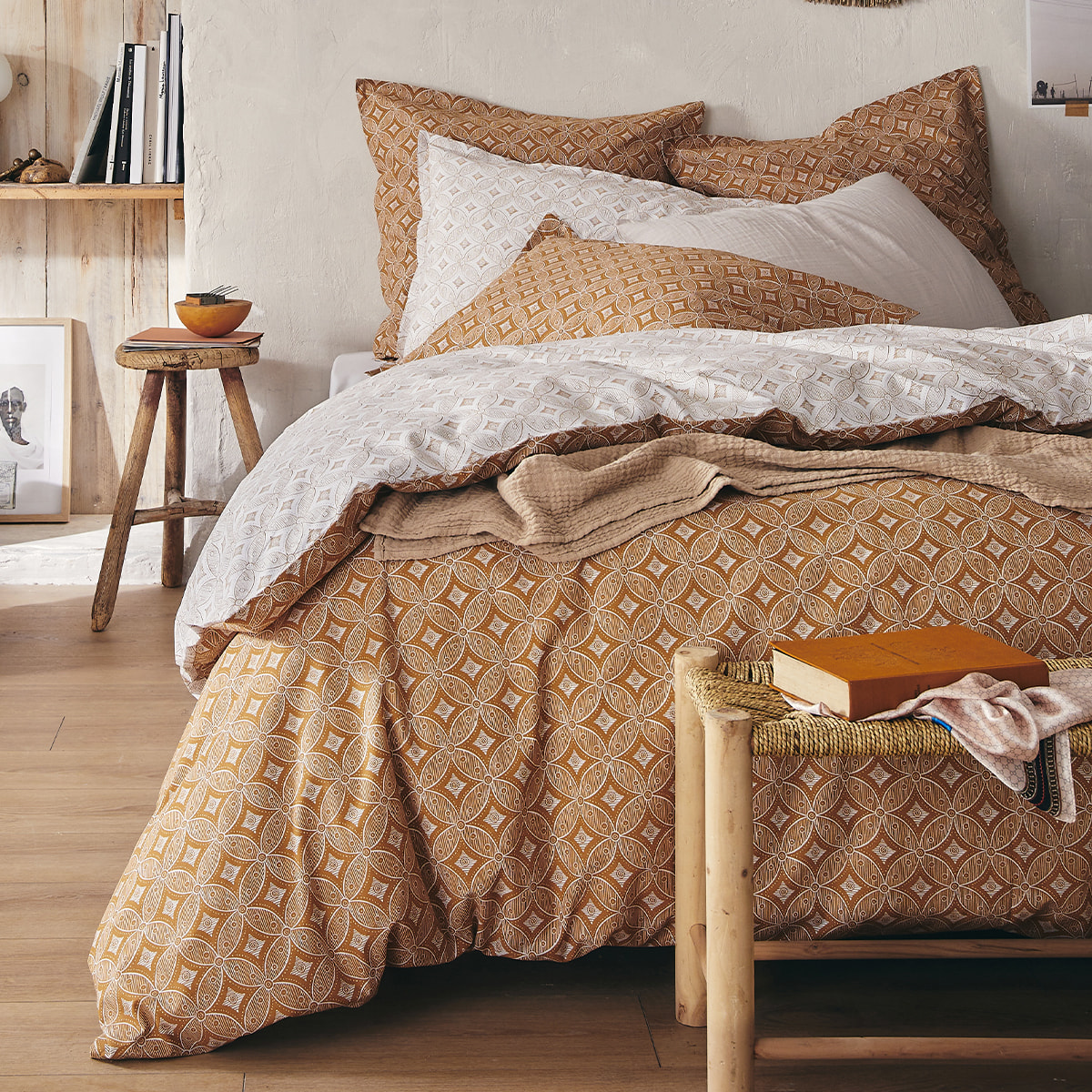 Parure de lit Housse de couette + taies rectangles unie en coton, BATIK, Jaune savane