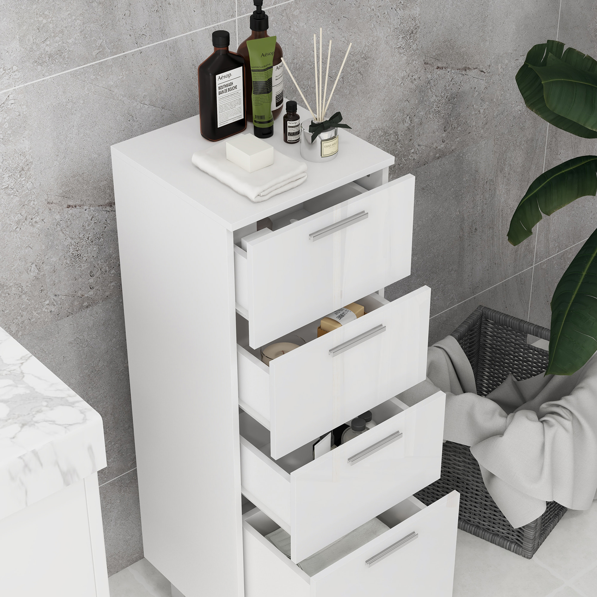 Mueble Auxiliar Baño Moderno Armario de Baño con 4 Cajones y 4 Patas Mueble de Almacenaje para Salón Dormitorio Antivuelco Carga 30 kg 30x30x93 cm Blanco Brillante