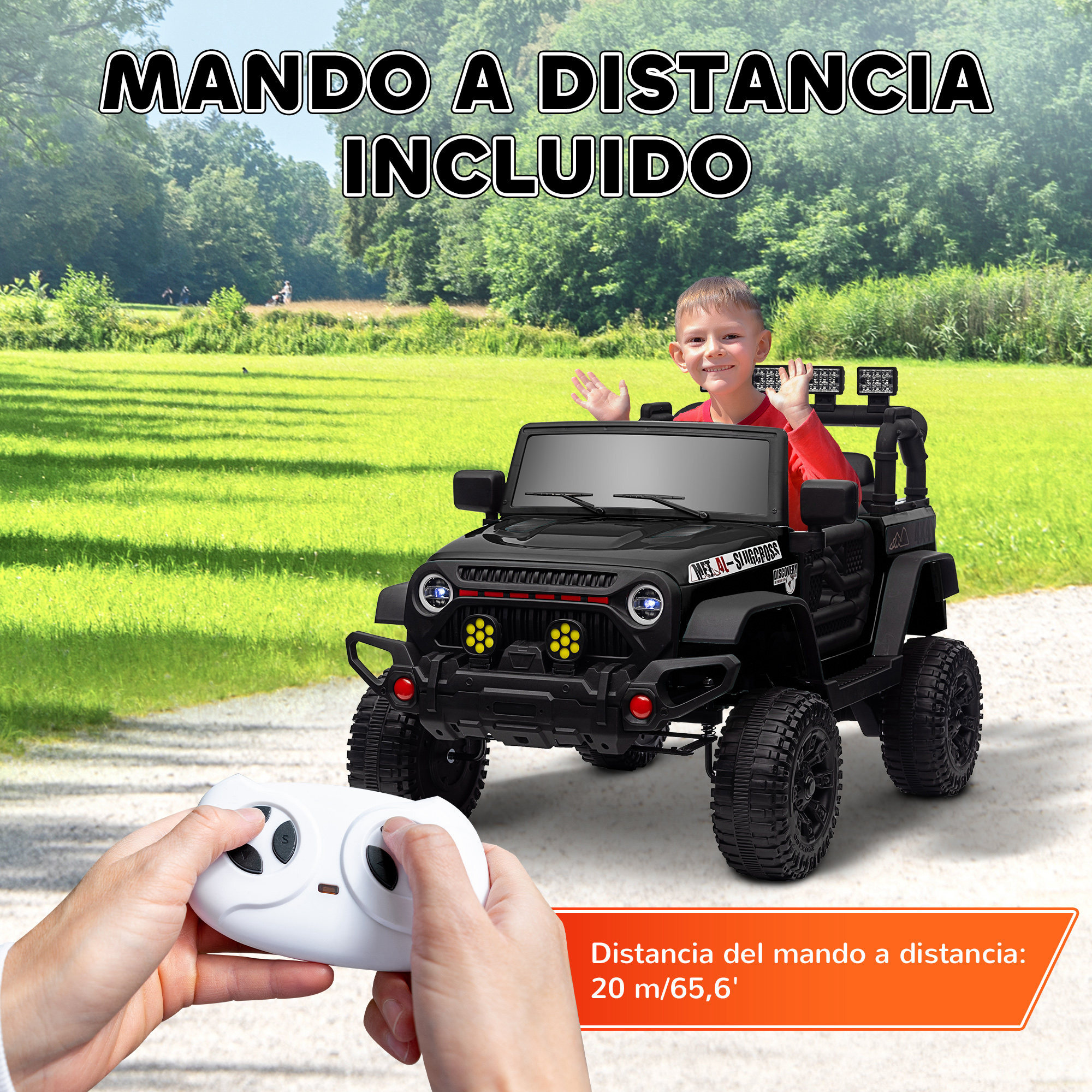 Coche Eléctrico para Niños de +3 Años Carro Eléctrico Infantil Todoterreno de Batería 12V con Mando a Distancia Bluetooth Faros LED Bocina Música Negro