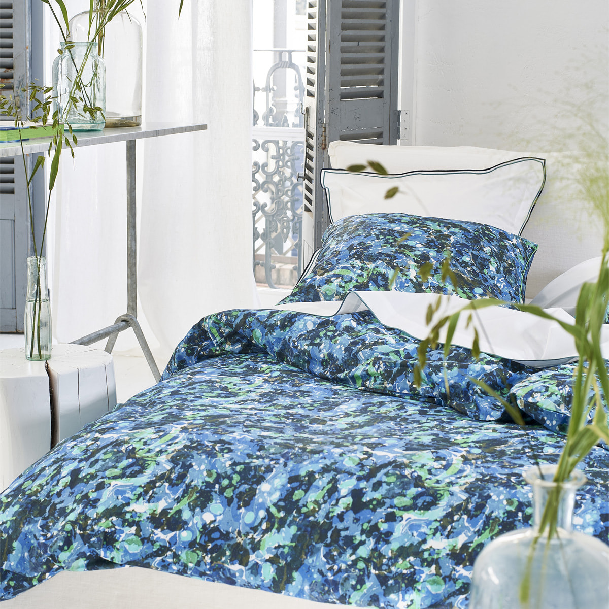 Housse de couette imprimée en percale de coton, DELAHAYE, Bleu Cobalt