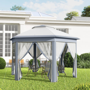Carpa Plegable 4x3,4 m, Cenador de Jardín Hexagonal con Doble Techo, 6 Mosquiteras Extraíbles y Bolsa de Transporte, Impermeable, Anti-UV para Exterior, Fiestas, Gris
