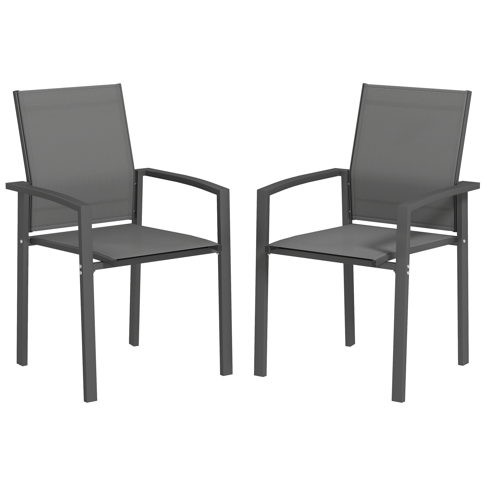 Juego de 2 Sillas de Jardín Exterior Sillas Terraza Exterior Apilables Sillones de Comedor con Tela Transpirable Marco de Acero Reposabrazos y Respaldo 56x58x89 cm Gris Oscuro
