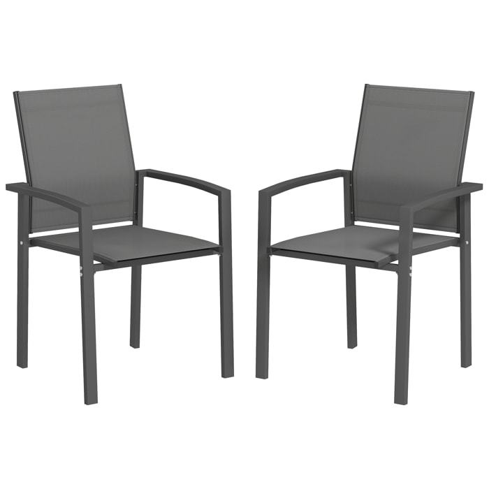 Juego de 2 Sillas de Jardín Exterior Sillas Terraza Exterior Apilables Sillones de Comedor con Tela Transpirable Marco de Acero Reposabrazos y Respaldo 56x58x89 cm Gris Oscuro