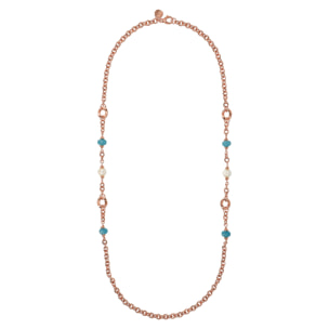 Collana Lunga Catena Rolo con Pietre Naturali Quarziti Blu e Perle d'Acqua Dolce Bianche Ø 10/11 mm