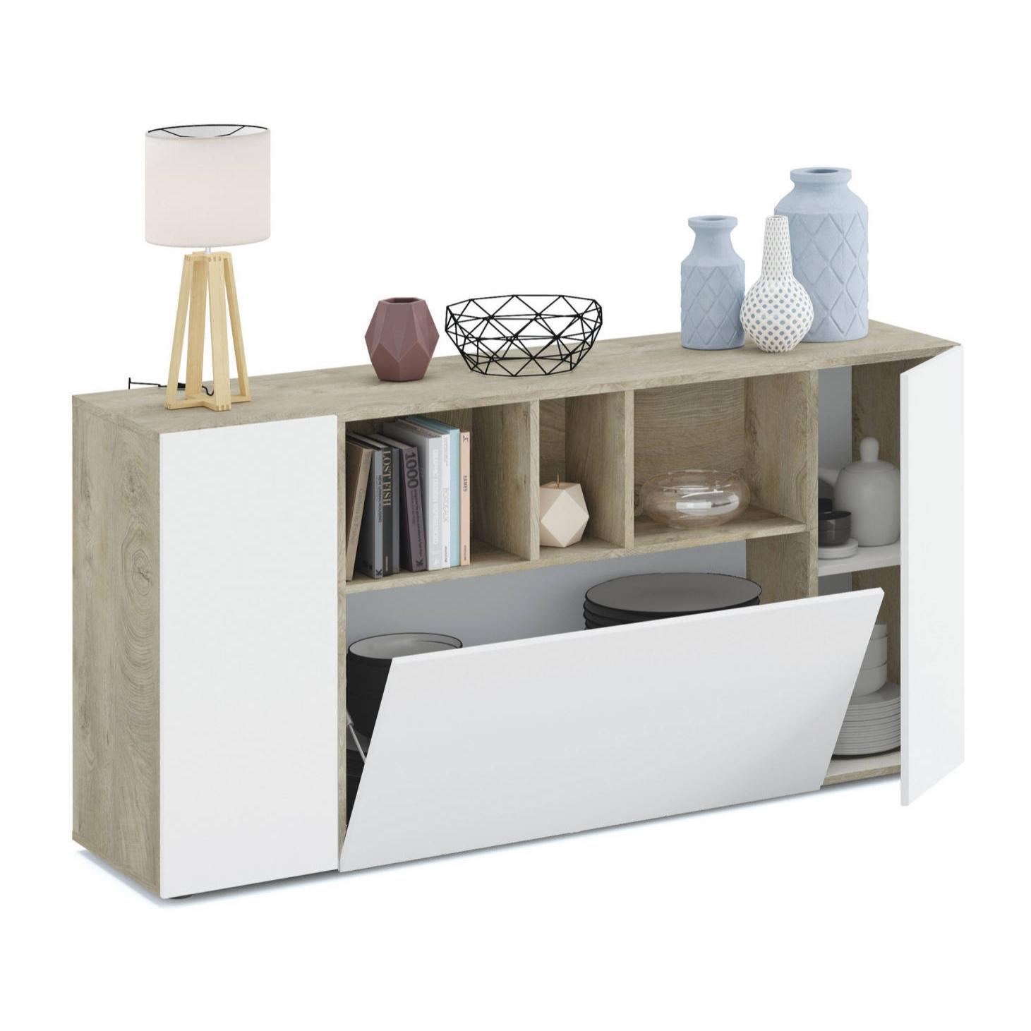 Credenza Paterson, Madia moderna a 3 ante, Buffet da soggiorno con scomparti, Madia da salotto, Mobile Porta TV, cm 150x41h76, Bianco e Rovere