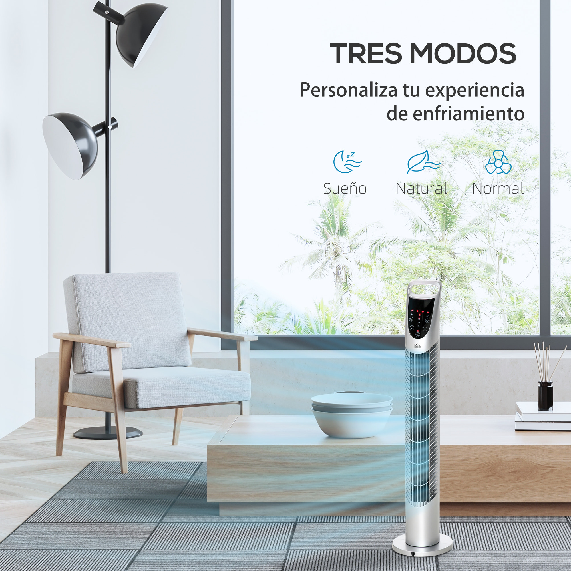 Ventilador de Torre Ventilador Vertical 40W con Mando a Distancia 3 Velocidades Temporizador 7,5h Oscilante 70° ÃƒËœ18x78,5 cm Plata