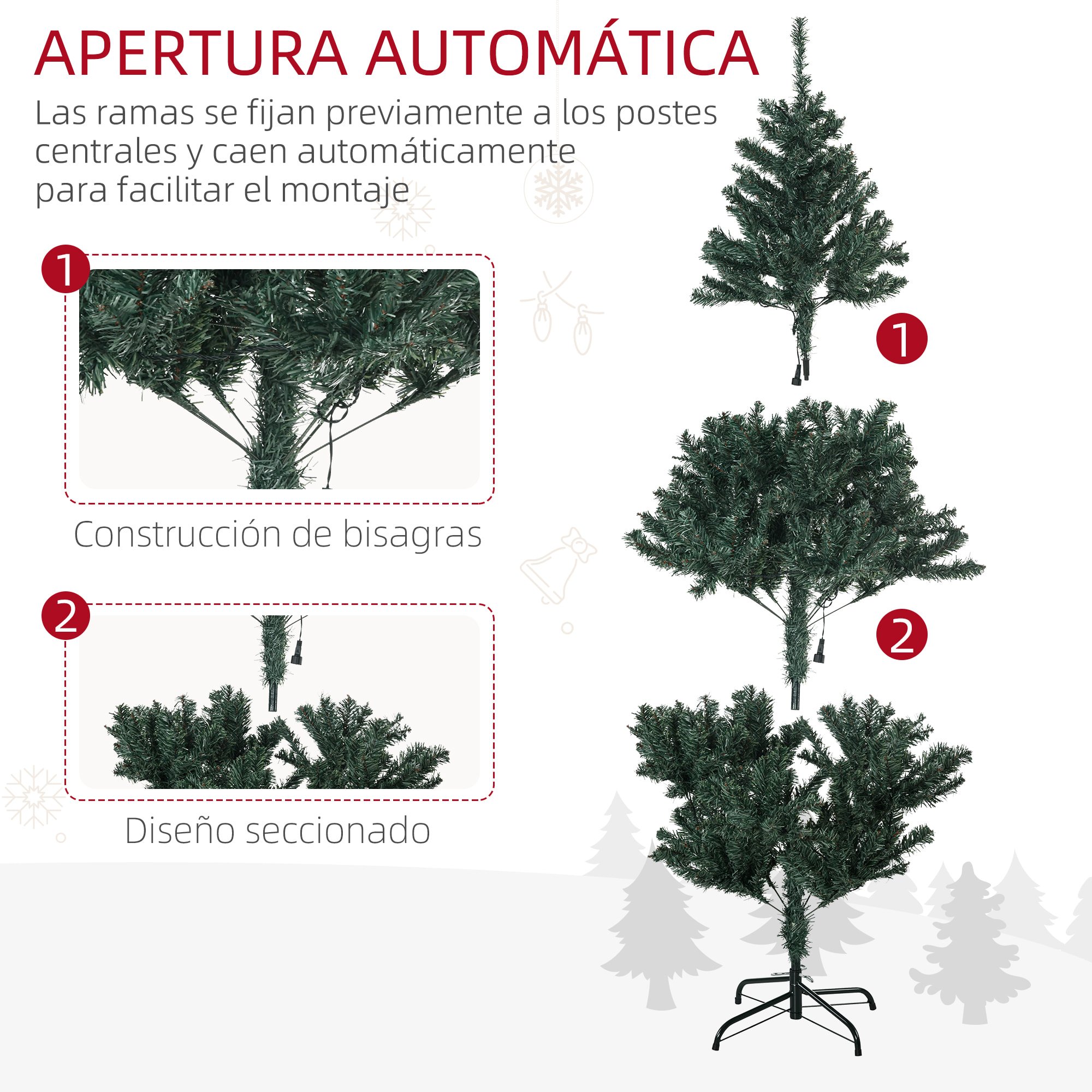 Árbol de Navidad Artificial 150 cm con 100 Luces LED con 8 Modos de Iluminación Árbol de Navideño con 472 Ramas y 80 Decoraciones Árbol Automático Acero Ø91x150 cm Verde