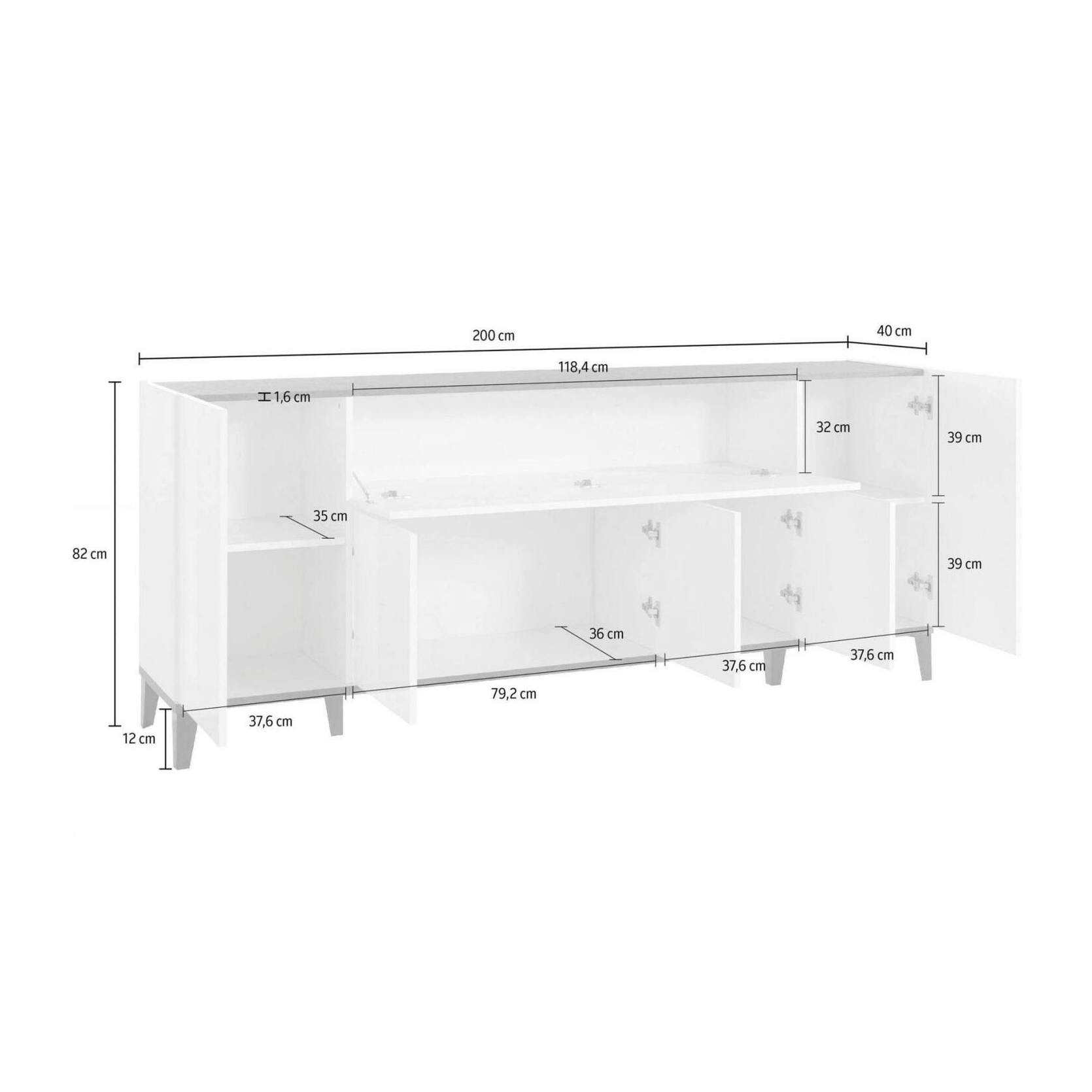 Credenza moderna a 6 ante, Made in Italy, Madia da cucina rialzata, Buffet di design da soggiorno, Cm 200x40h82, Bianco lucido e Acero