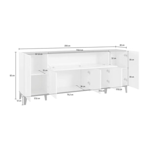 Credenza moderna a 6 ante, Made in Italy, Madia da cucina rialzata, Buffet di design da soggiorno, Cm 200x40h82, Bianco lucido e Acero