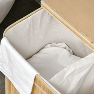 Cesto de Ropa Sucia con Tapa, 90L, Cesta Ropa Sucia de Bambú con 2 Compartimentos, Bolsa Interior Extraíble y Lavable, Asas, para Lavandería, Dormitorio, 54,2x35,2x59,5 cm, Natural