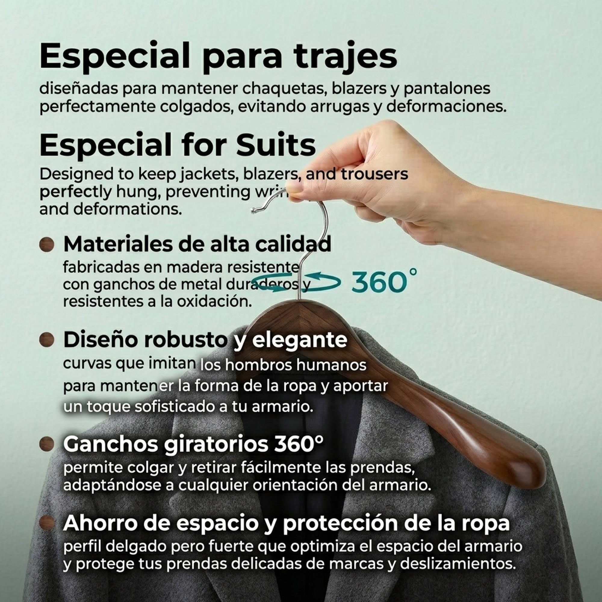 Set de perchas de madera para trajes - Antideslizante - Robusta con metal duradero - Ganchos giratorios