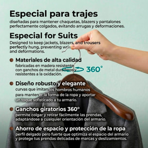 Set de perchas de madera para trajes - Antideslizante - Robusta con metal duradero - Ganchos giratorios