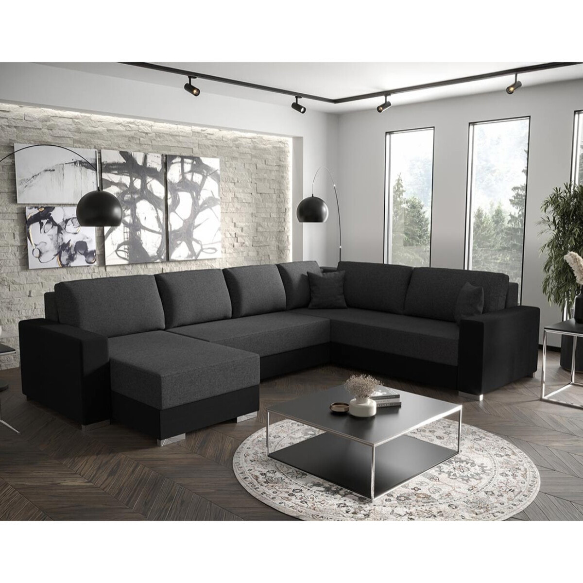 Epona - Canapé panoramique d'angle réversible 7 places convertible avec coffre en tissu - Gris / Noir