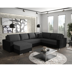 Epona - Canapé panoramique d'angle réversible 7 places convertible avec coffre en tissu - Gris / Noir