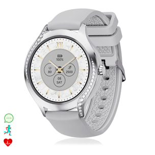 DAM Smartwatch T214 compacto y elegante. Llamadas BT, notificaciones push. Monitor de salud, ciclos femeninos. Modos deportivos. 4,1x1,1x4 Cm. Color: Plata