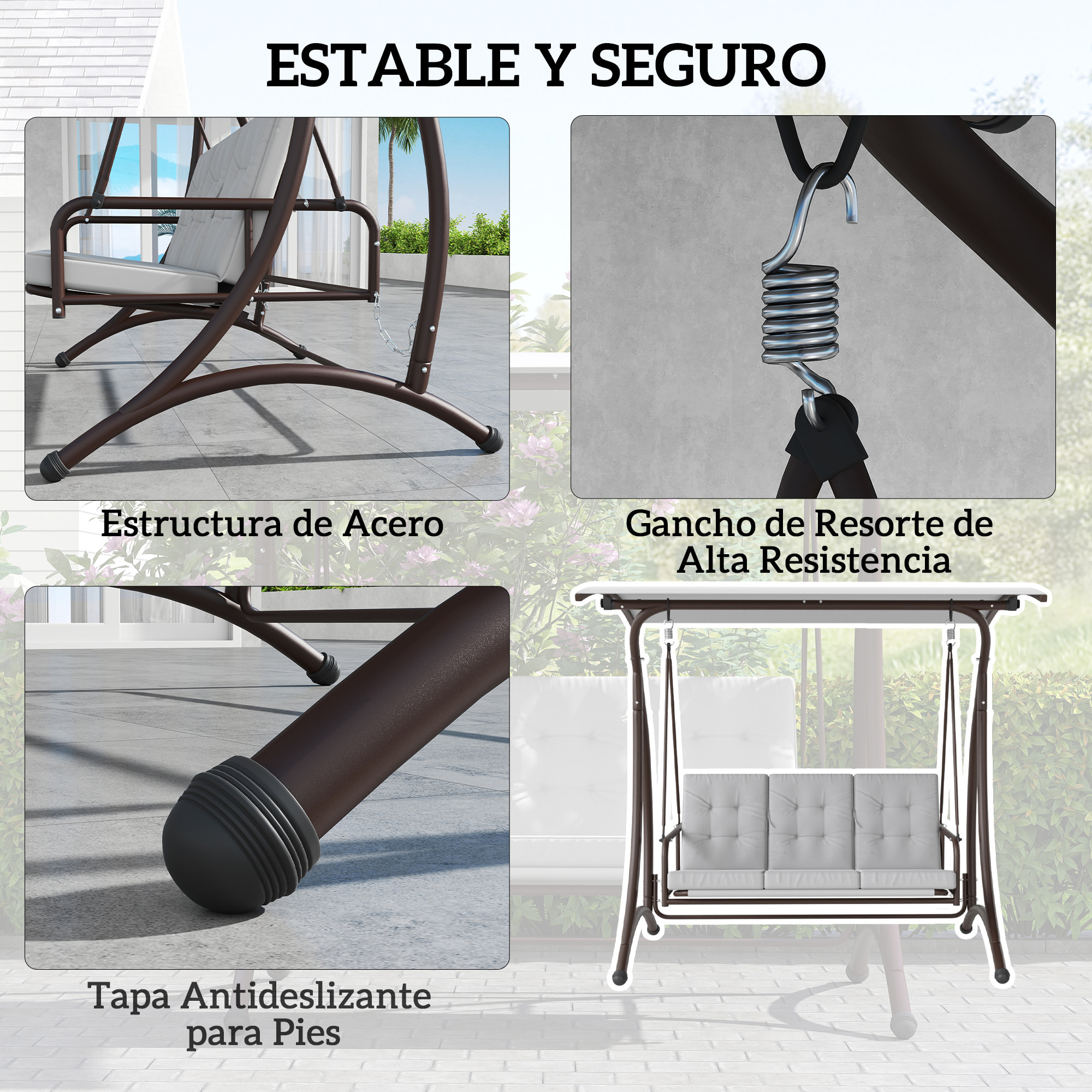 Columpio de Jardín Exterior de 3 Plazas Balancín de Jardín Exterior Convertible en Cama con Toldo Ajustable Protección UPF30+ y Cojines Carga 330 kg 200x120x175 cm Gris Claro