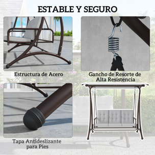 Columpio de Jardín Exterior de 3 Plazas Balancín de Jardín Exterior Convertible en Cama con Toldo Ajustable Protección UPF30+ y Cojines Carga 330 kg 200x120x175 cm Gris Claro