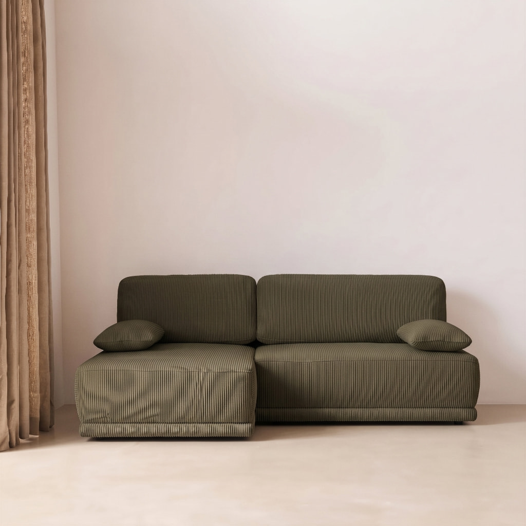 Banquette canapé d'angle gauche convertible 3 places velours côtelé avec coffre NELSON
