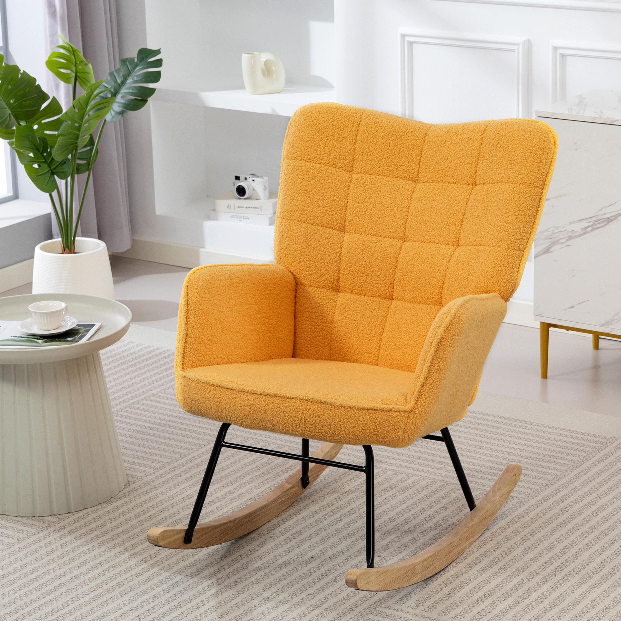 Silla Mecedora, Mecedora de Borreguito con Respaldo Alto, Patas de Madera de Haya, Reposabrazos, Estilo Moderno, Sillón de Lactancia, Carga 120 kg, para Dormitorio, Salón, Amarillo