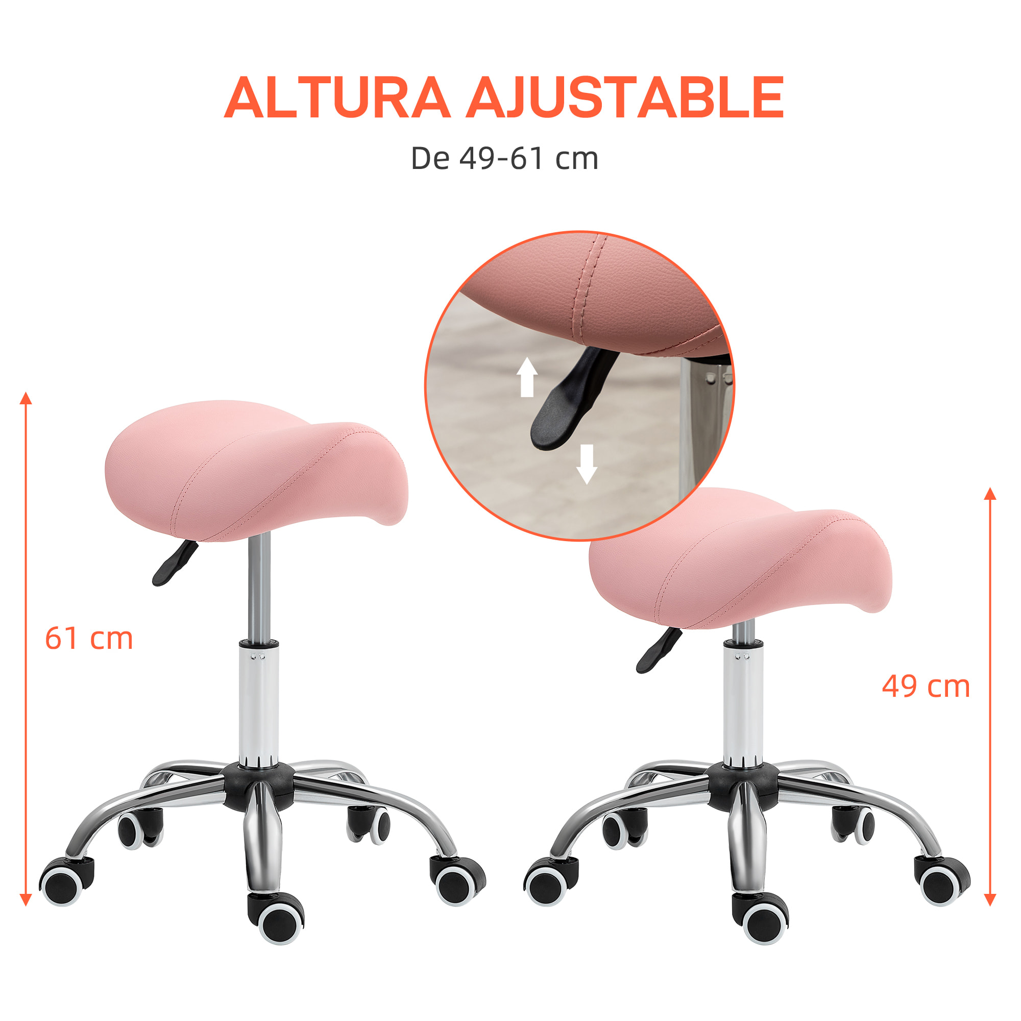 Taburete con Ruedas Taburete Giratorio Cosmético con Altura Ajustable Asiento Acolchado y Amplio Dentista Peluquería Carga 120 kg 52x53x49-61 cm Rosa