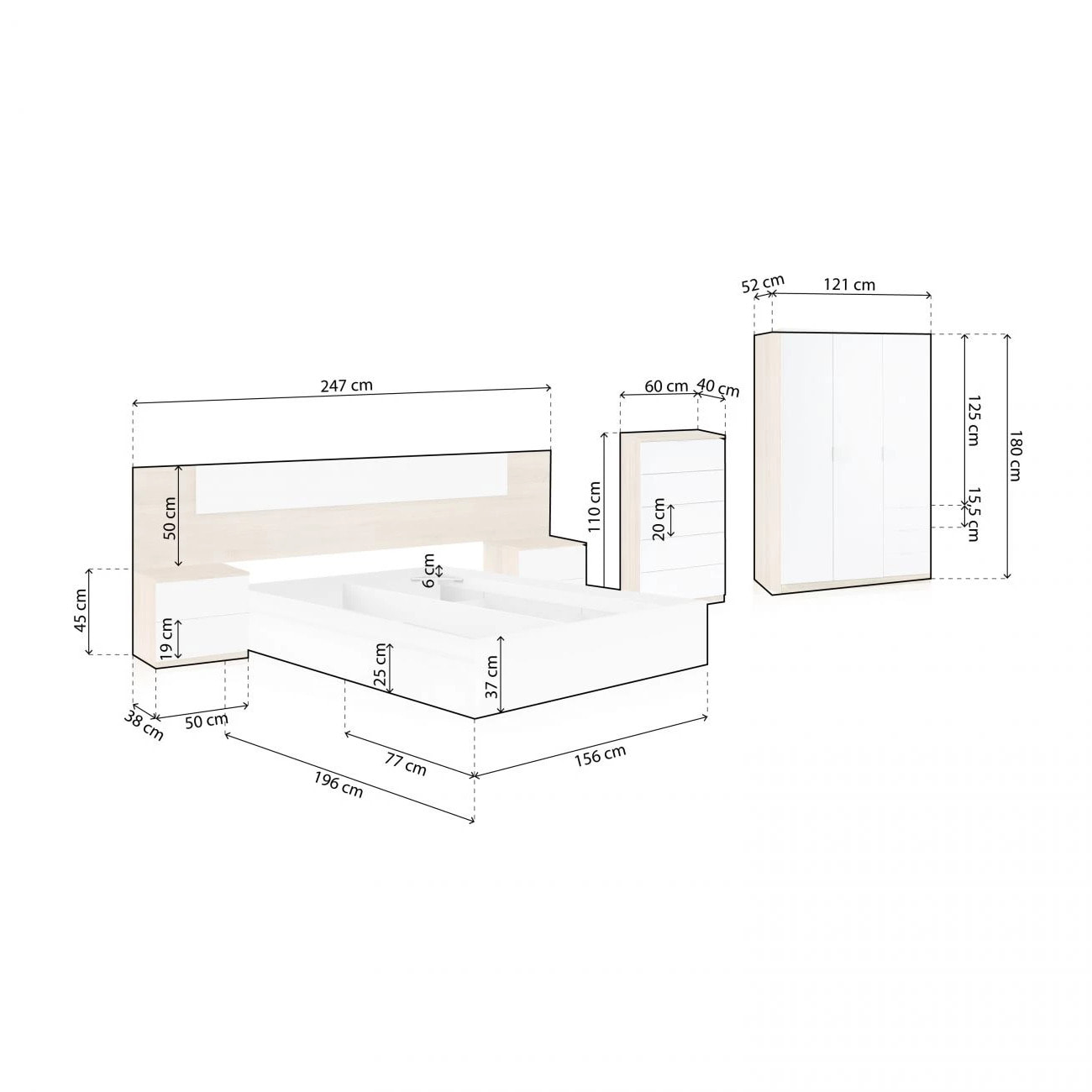 Dormitorio compuesto por 6 piezas en blanco artik y roble canadian Akari 5C Max Blanco Artik (Blanco Mate) - Roble Canadian