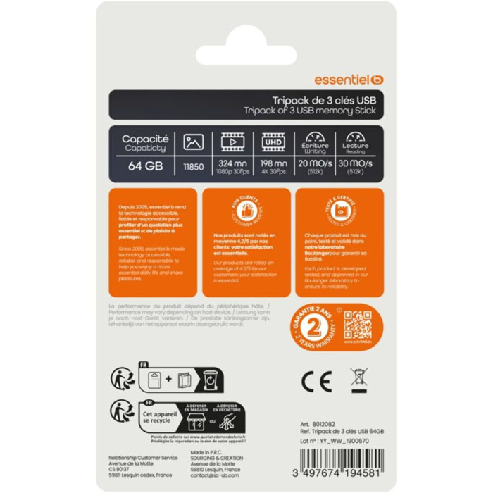 Clé USB ESSENTIELB Essentiel B CLE USB Tripack x 3 64Go