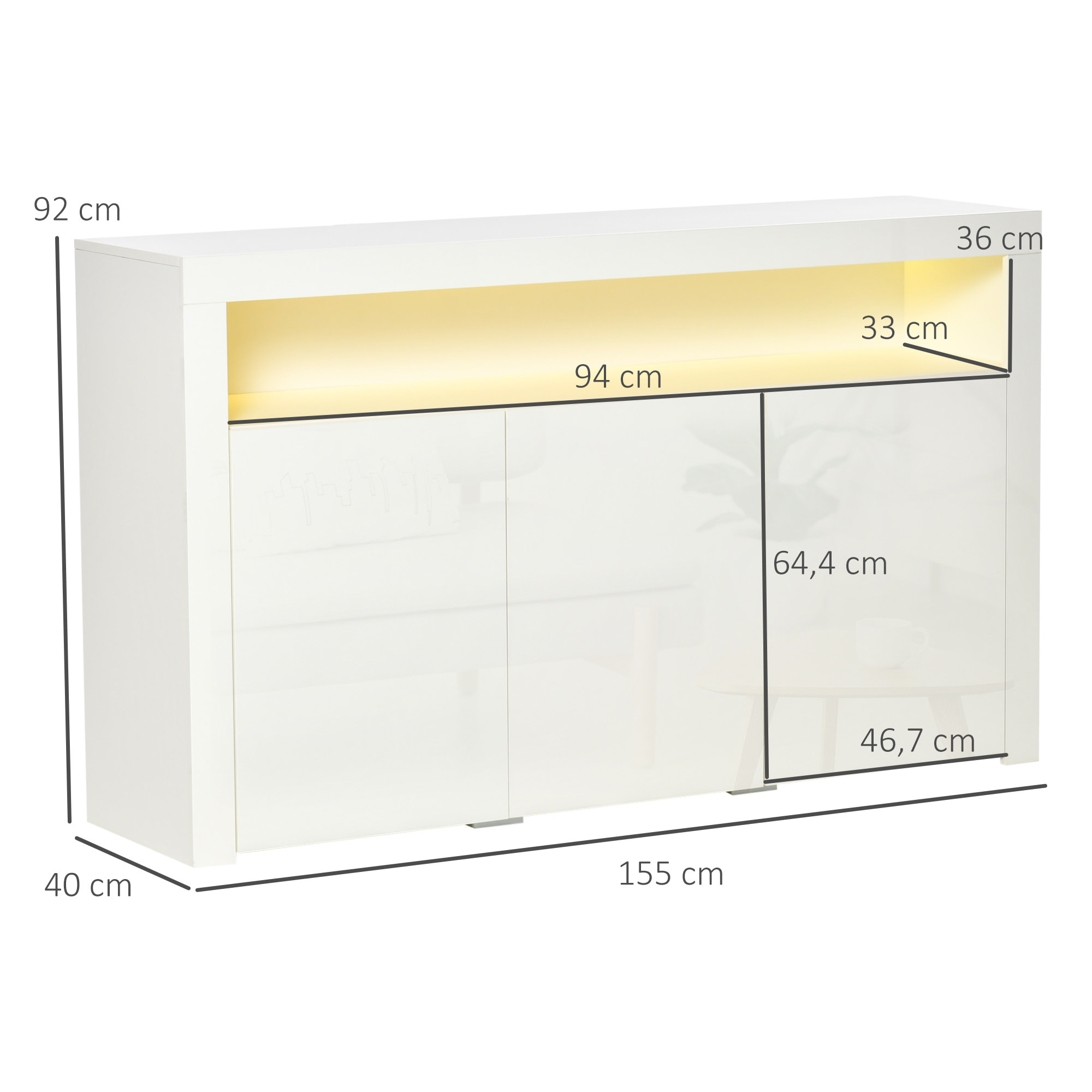 HOMCOM Buffet LED - meuble de rangement LED - 3 placards avec étagère et grande niche - panneaux particules MDF blanc laqué