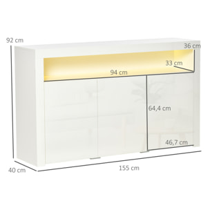 HOMCOM Buffet LED - meuble de rangement LED - 3 placards avec étagère et grande niche - panneaux particules MDF blanc laqué