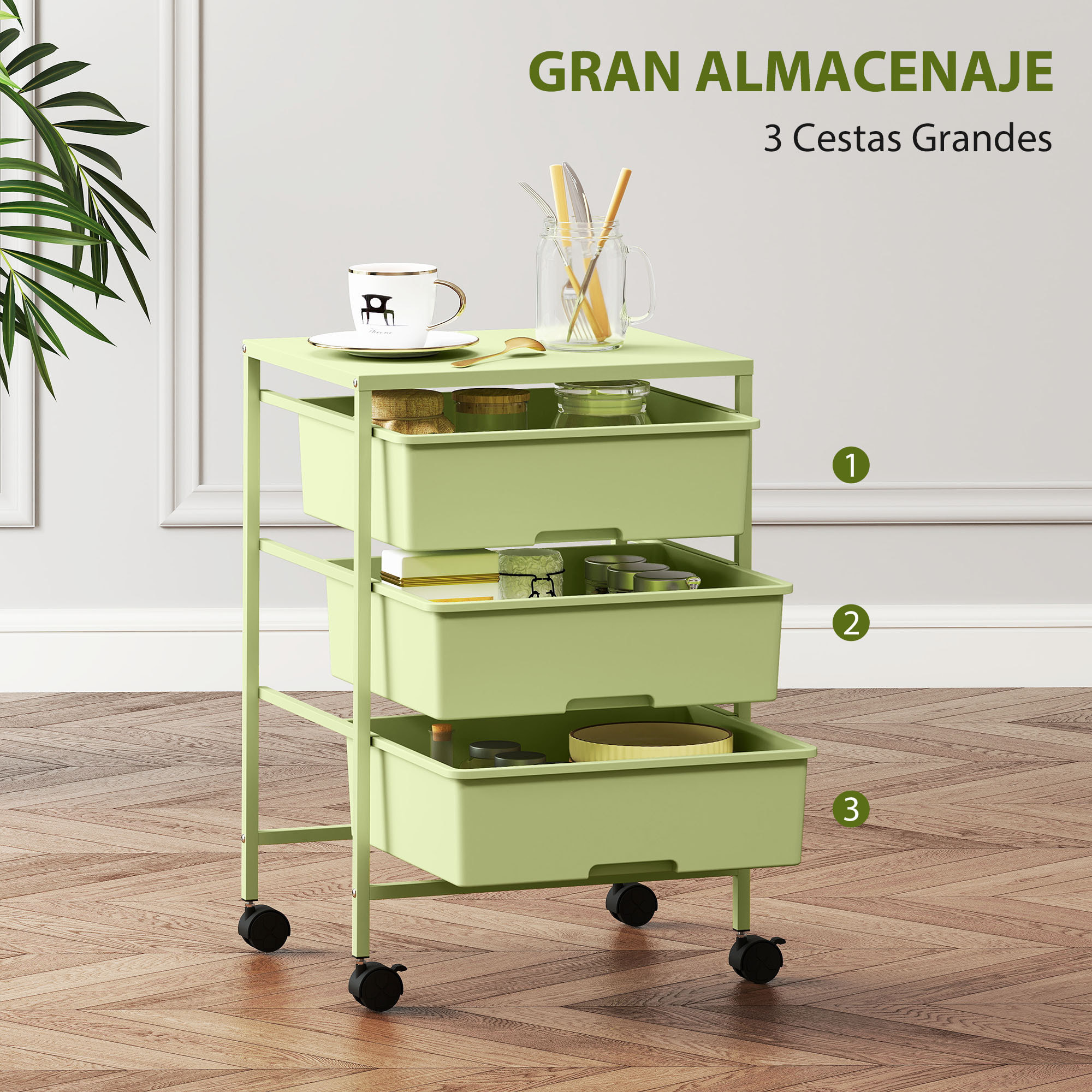 Carrito de Almacenamiento de 4 Niveles, Carrito de Cocina con Ruedas, 3 Cestas, Tablero y Marco de Acero, para Salón, Baño, Oficina, 40,8x33,5x60,5 cm, Verde