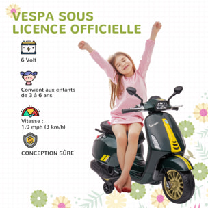 Scooter électrique enfant Vespa 6V - musiques, feu AV, entrée USB, radio FM - 2 roues support aux. - vert