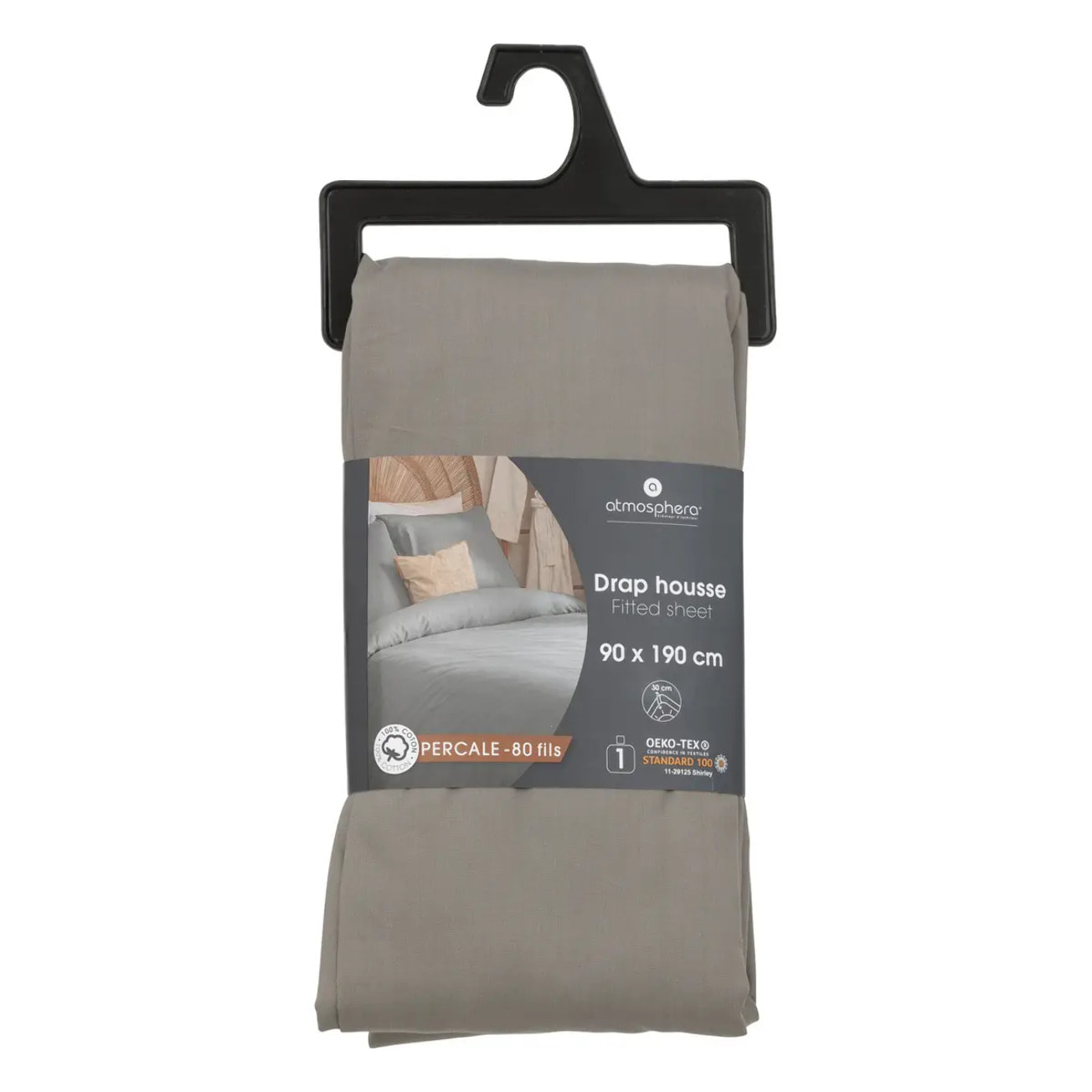 Drap-housse percale gris 90x190cm