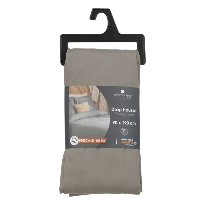 Drap-housse percale gris 90x190cm