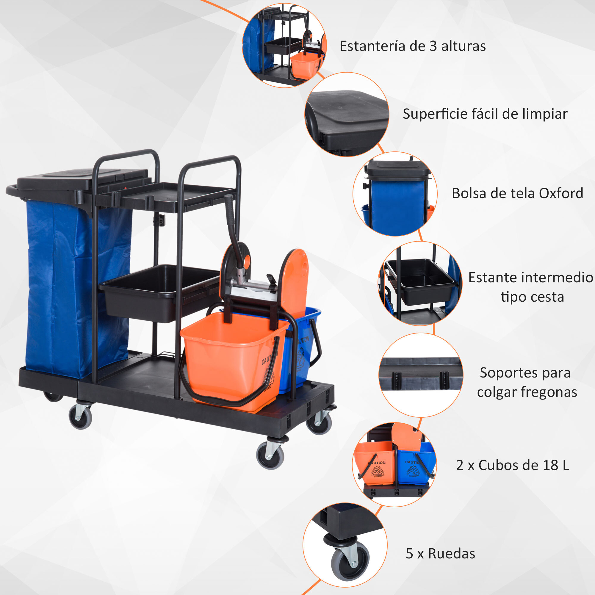 Carro de Limpieza con Escurridor 3 Estantes 2 Cubos Bolsa Ruedas 111x63,3x103 cm