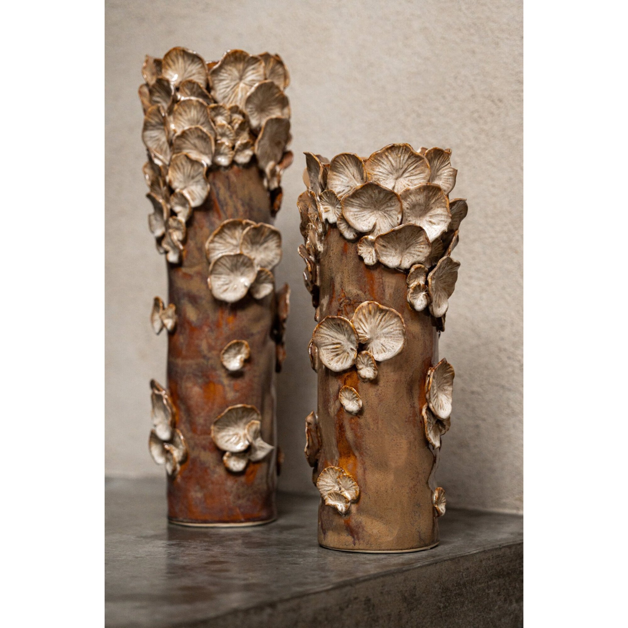 J-Line vase Mushrooms cylindre - grès - marron/beige - small