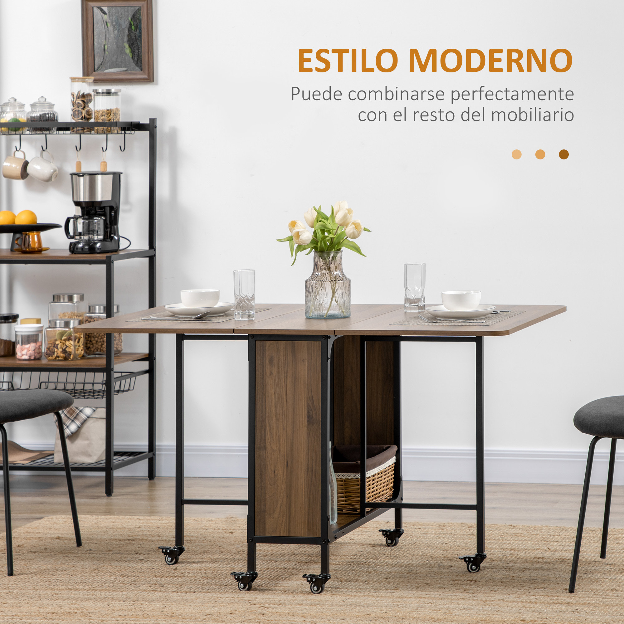 Mesa Plegable de Comedor Mesa de Cocina Plegable con Ruedas Alas Abatibles y Estante de Almacenamiento Mesa Plegable para Salón 130x80x74 cm Madera Marrón