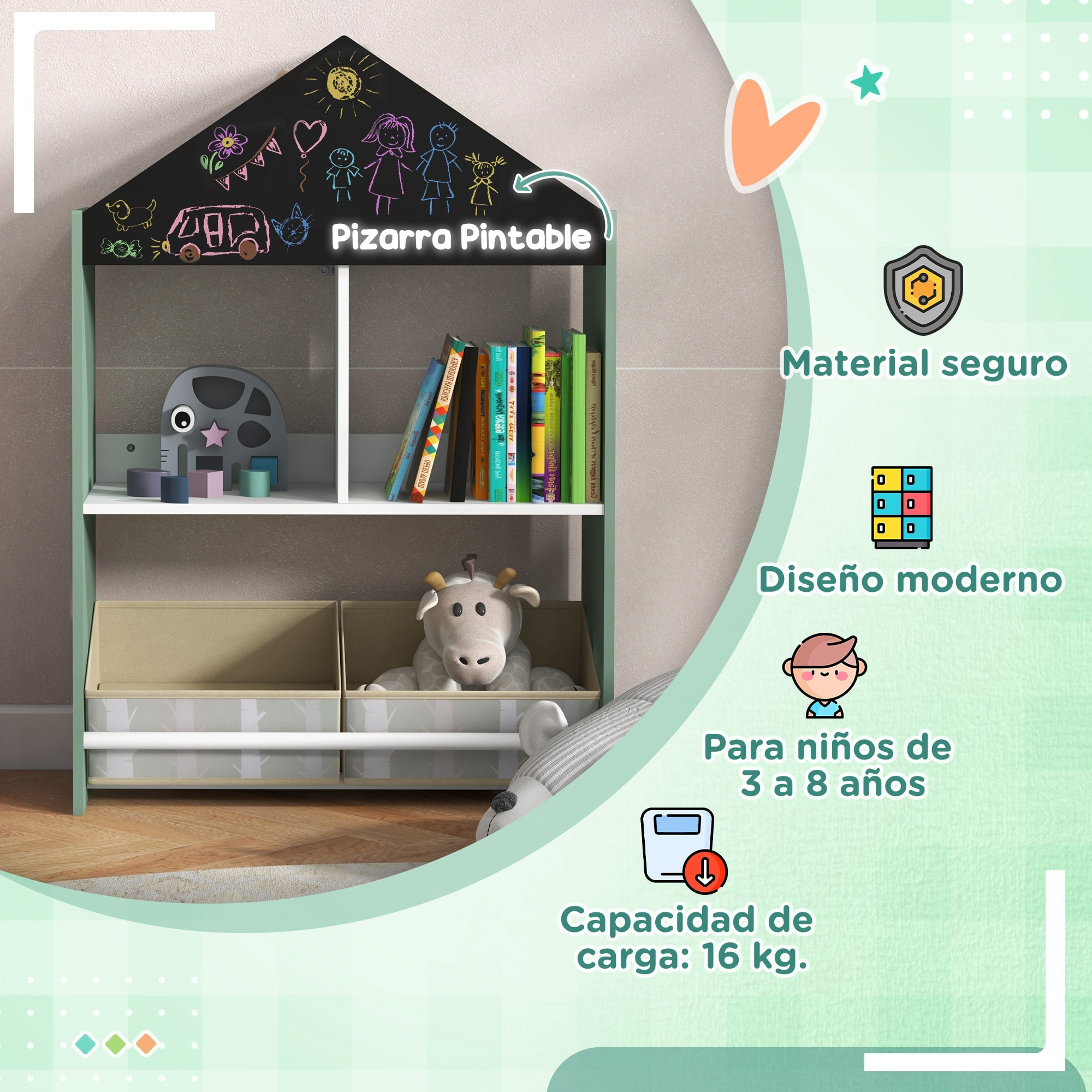 Conjunto para Niños Incluye 1 Cama Infantil 1 Estantería para Juguetes con Pizarra Pintable y 1 Organizador de Juguetes con 6 Cajas de Tela Extraíbles Verde