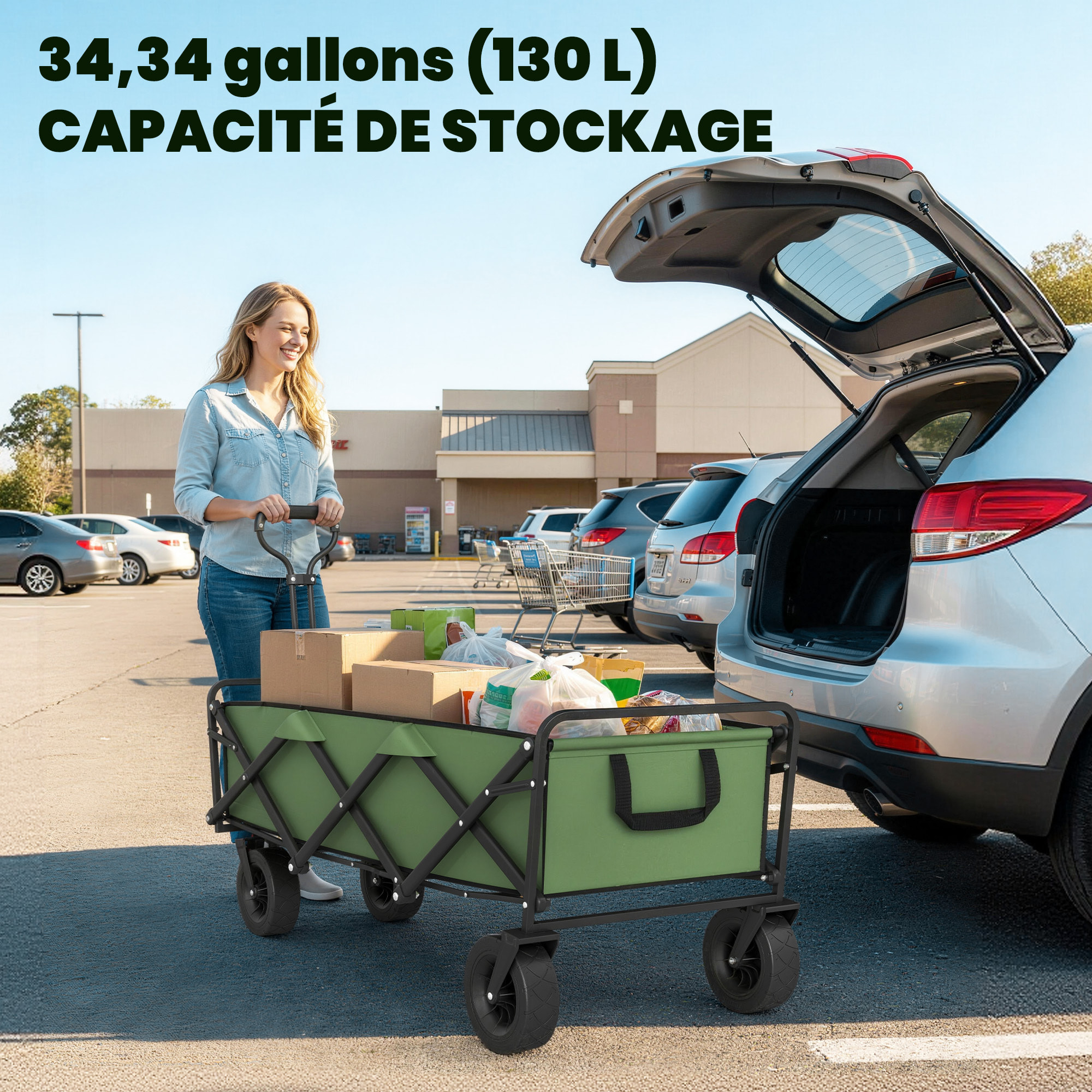 Chariot de jardin plage pliable 130L max. 250 Kg poignée telescopique