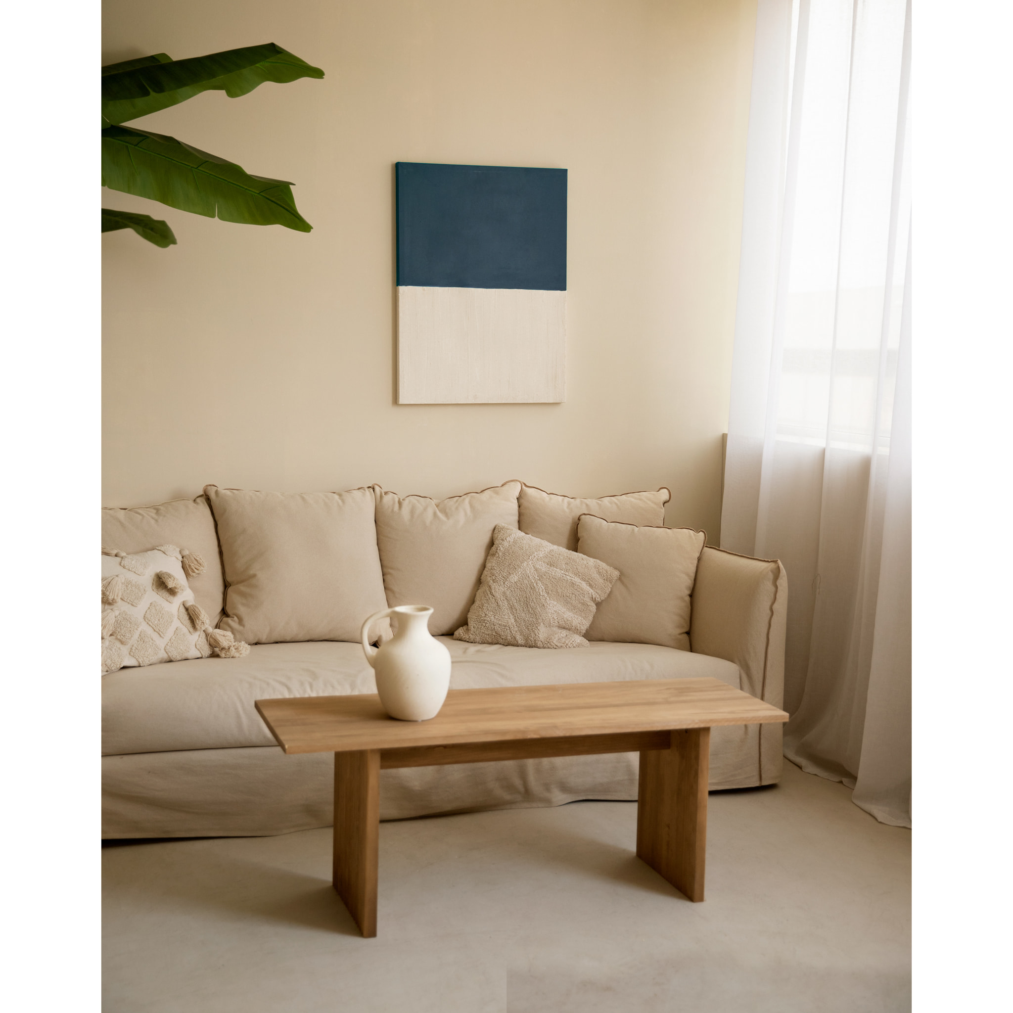 Tableau bleu et blanc décoratif sur coton avec cadre en bois peint à la main à la peinture à l'huile en différentes tailles