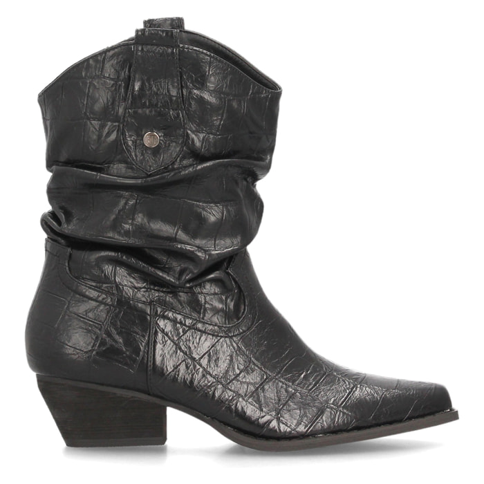 Botines cowboy fruncidos con grabado de cocodrilo para mujer