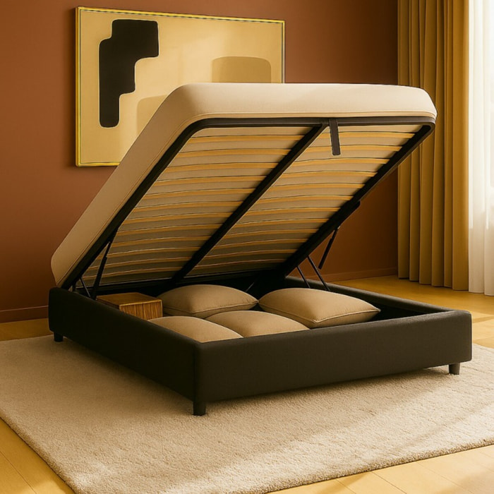 Lit coffre Cancun | Espace de Stockage jusqu'à 900 L | Robuste et Large Angle d’Ouverture | Bouclette | Gris clair