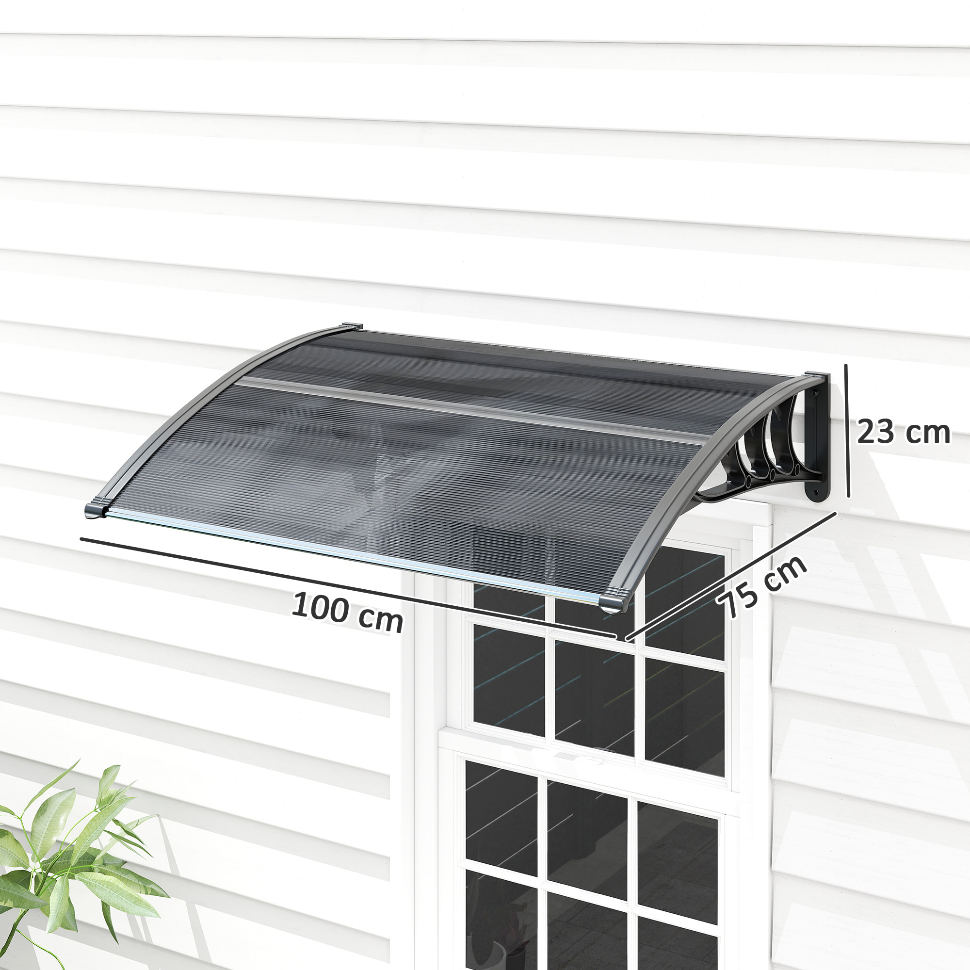 Auvent marquise de porte design voûté arrondi dim. 100L x 75l x 23H cm alu polycarbonate fumé plastique noir