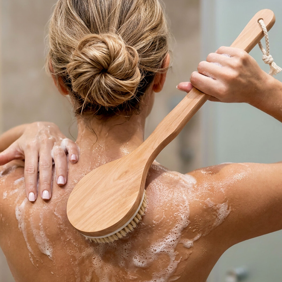 Brosse de bain en bois exfoliante avec manche long MSV